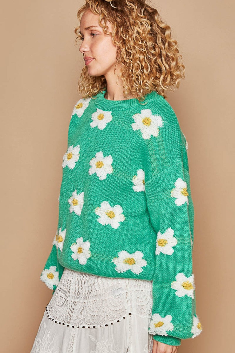 Daisy Pattern Drop Shoulder Sweater - ThingsWeUseAndLove 
