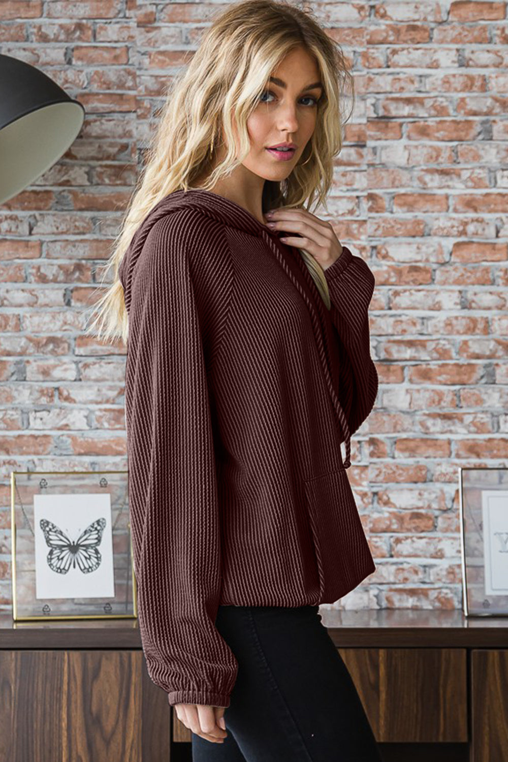 Gaea  Ribbed Long Sleeve Hoodie with Kangaroo Pocket - ThingsWeUseAndLove 