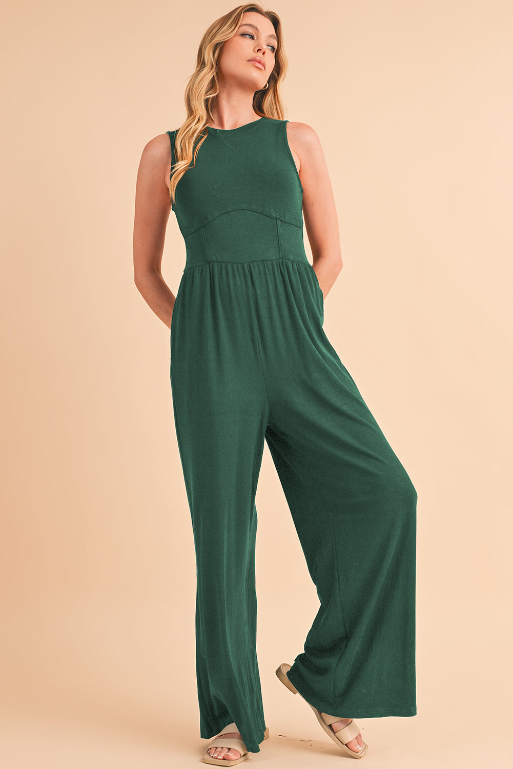 Blackish Green Sleeveless High Waist Wide Leg Jumpsuit - ThingsWeUseAndLove 