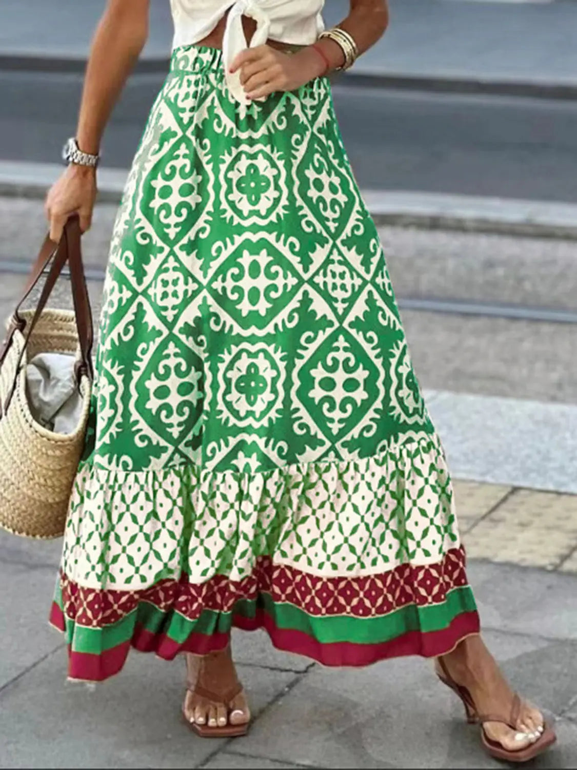 Geometric Elastic Waist Maxi Skirt - ThingsWeUseAndLove Green-2XL