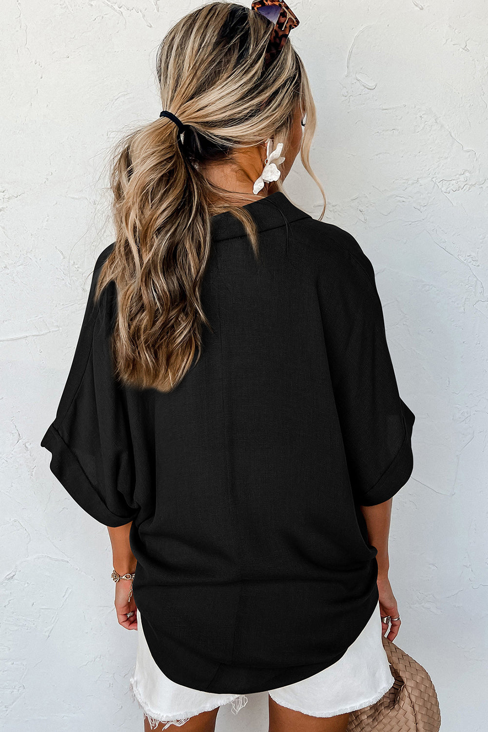 Half Buttoned Dolman Sleeve Oversized Blouse - ThingsWeUseAndLove 