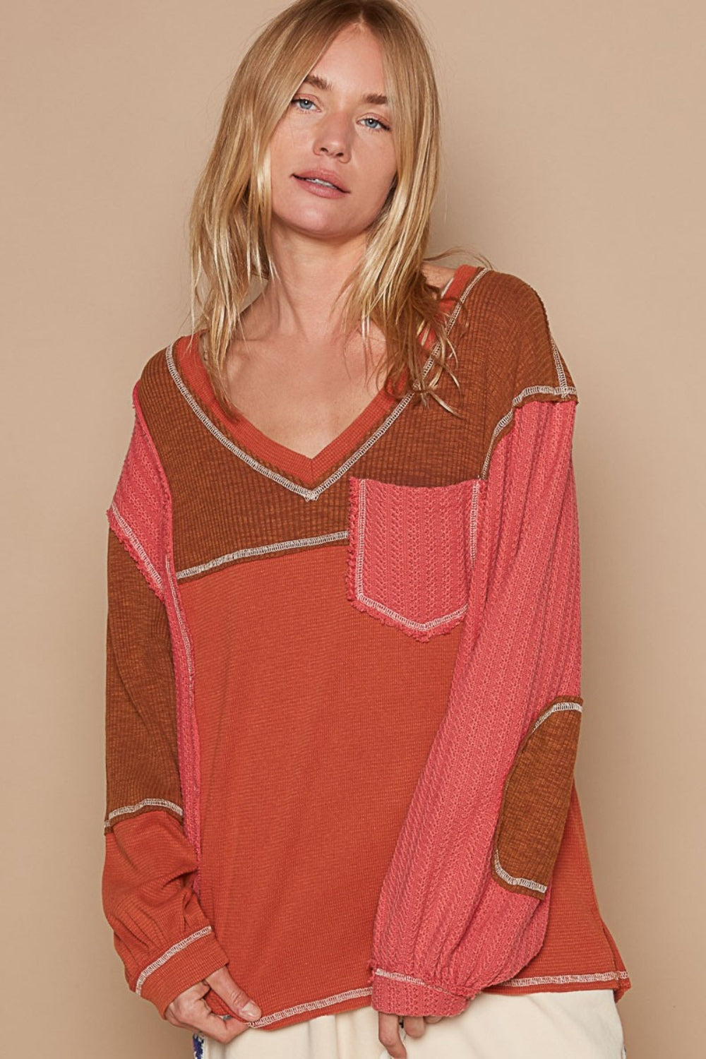 V-Neck Knit Panel Exposed Seam Top - ThingsWeUseAndLove Brick-L