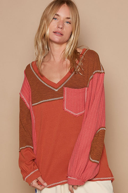 V-Neck Knit Panel Exposed Seam Top - ThingsWeUseAndLove Brick-L