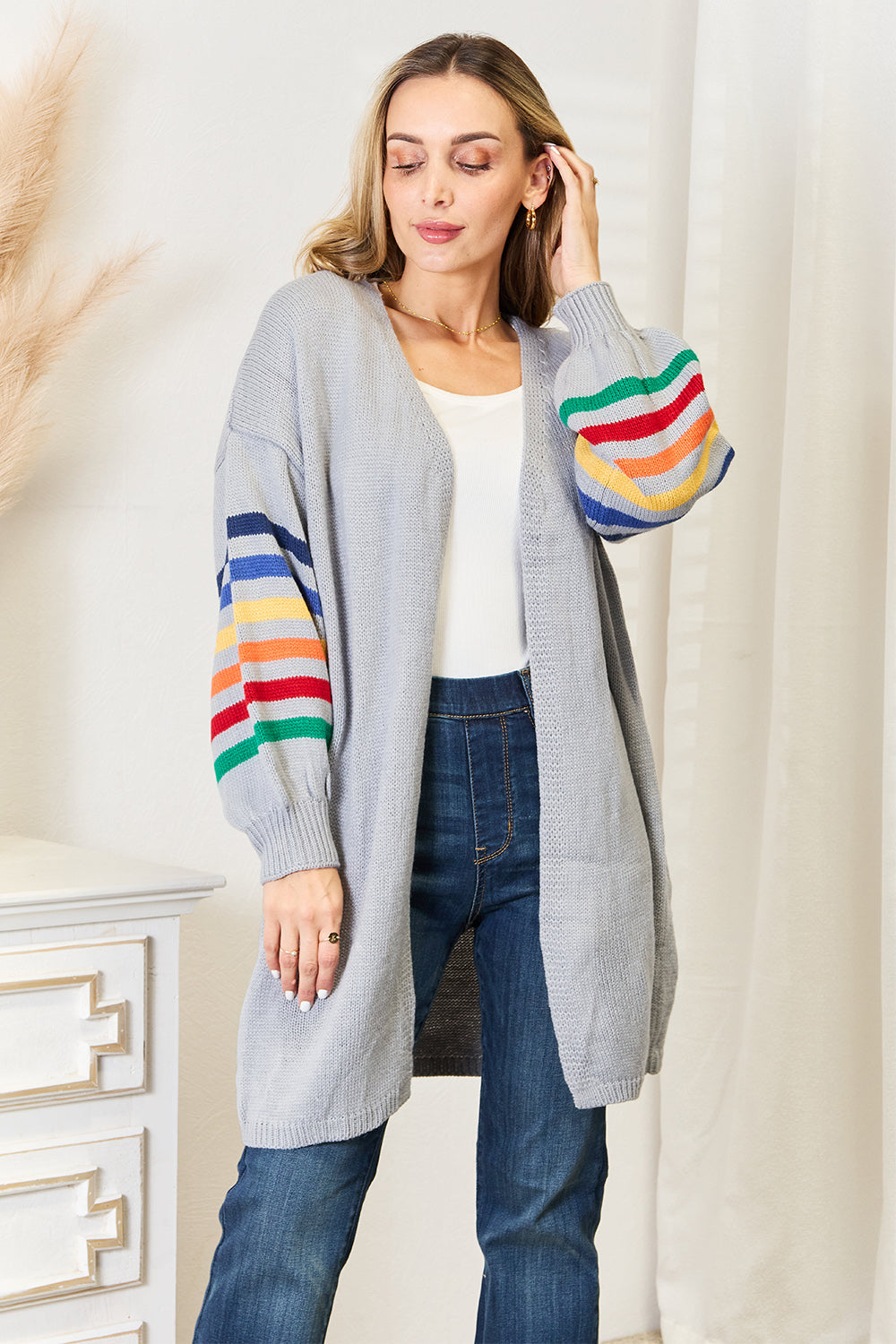 Multicolored Stripe Open Front Longline Cardigan - ThingsWeUseAndLove