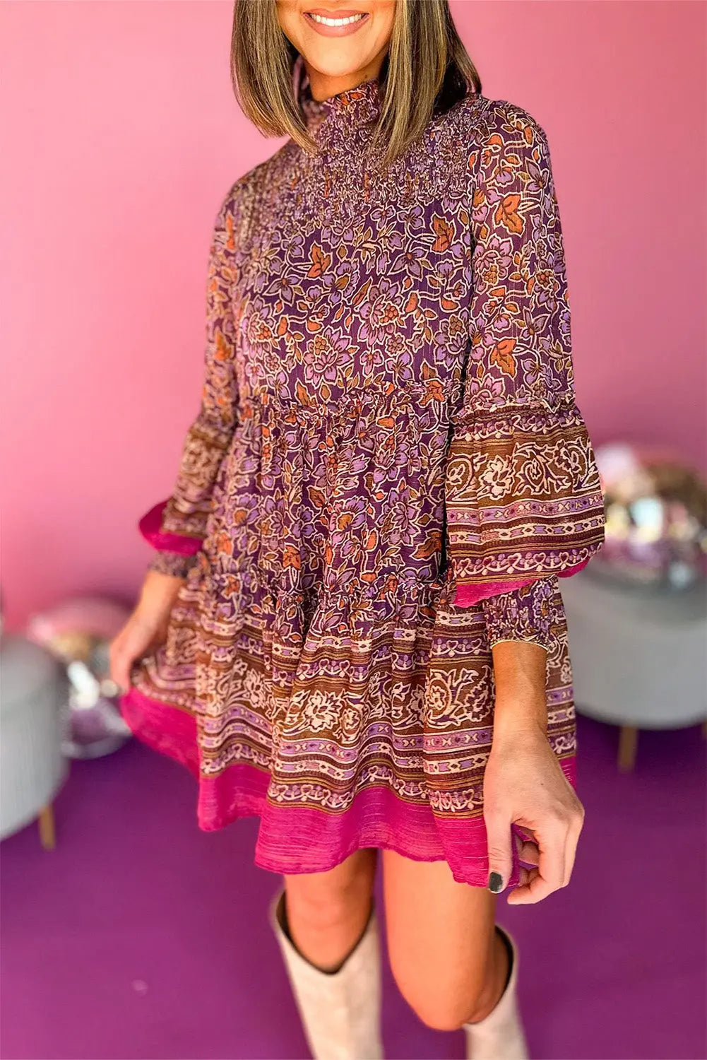 Purple Floral Print Smocked Puff Sleeve High Neck Mini Dress - ThingsWeUseAndLove Purple-XL