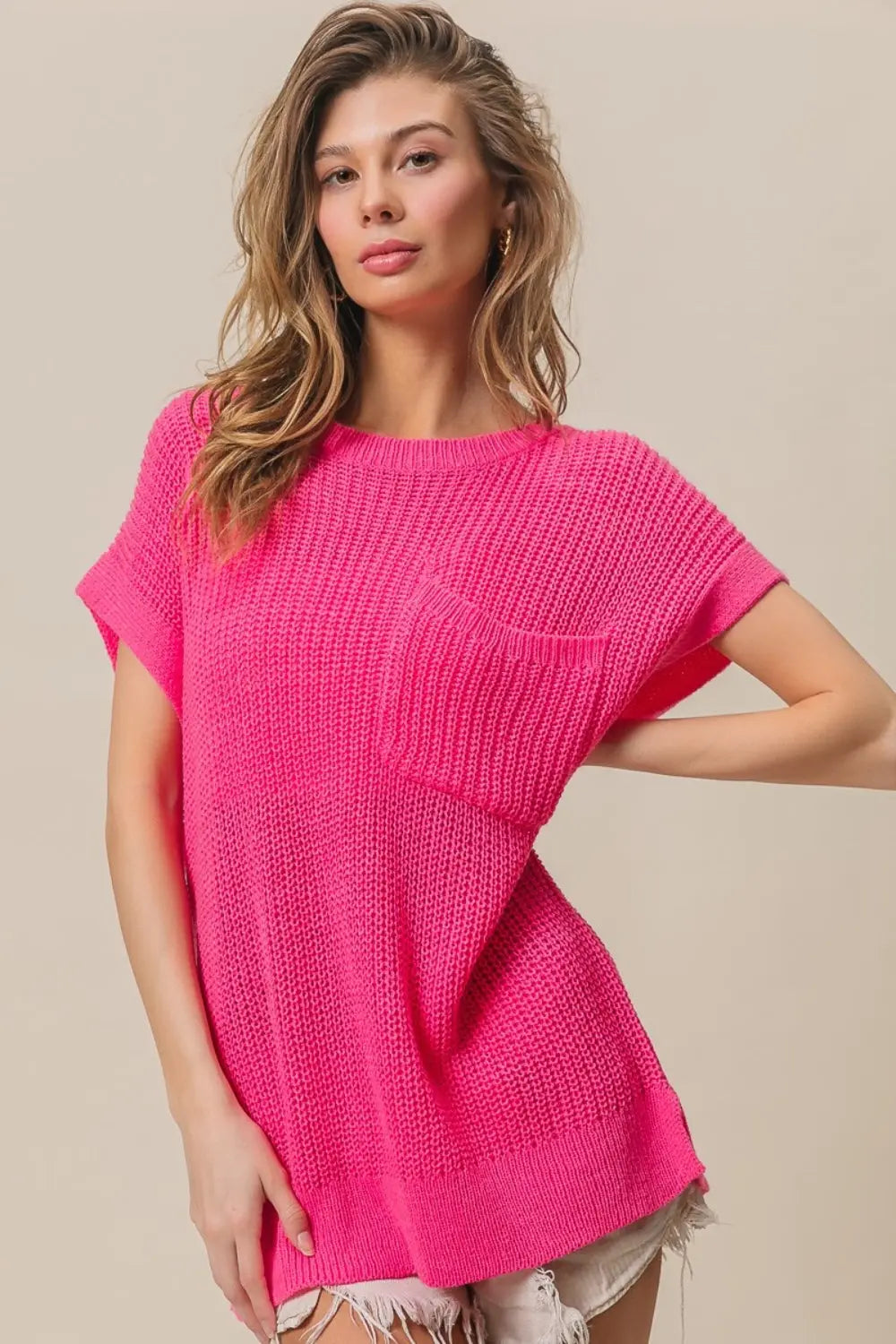 Patch Pocket Short Sleeve Sweater - ThingsWeUseAndLove Fuchsia-XL