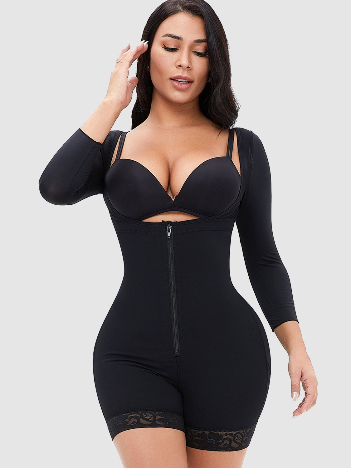 Zip Up Lace Detail Long Sleeve Shapewear