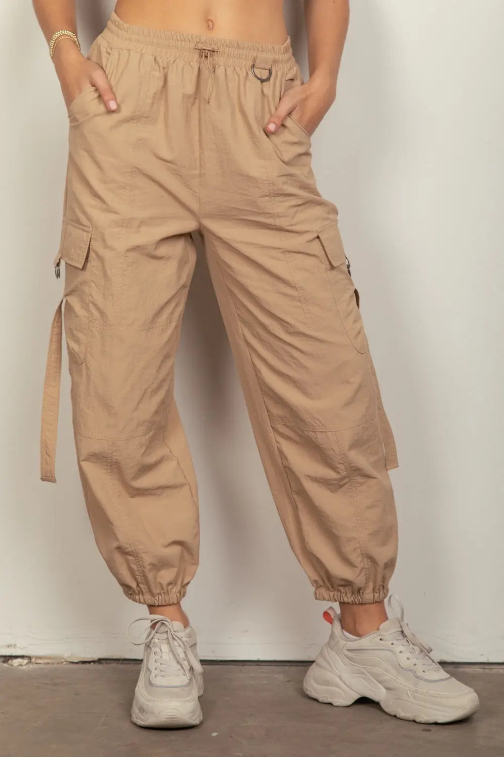 Birdie Elastic Waist Woven Cargo Pants - ThingsWeUseAndLove Taupe-L