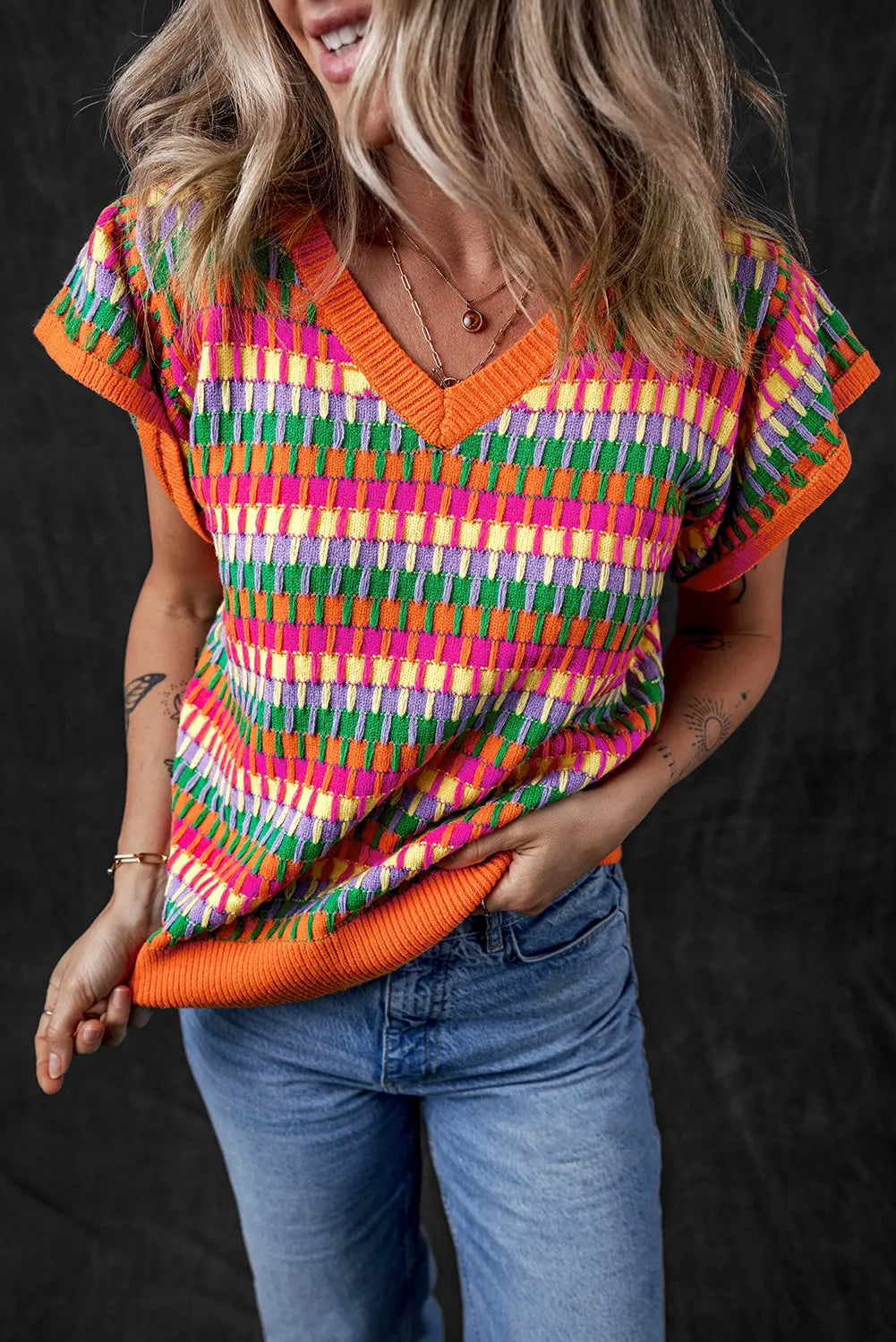 Color Pop V-Neck Cap Sleeve Knit Top - ThingsWeUseAndLove 