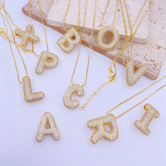 Inlaid Zircon Bubble Initial Necklace - ThingsWeUseAndLove 