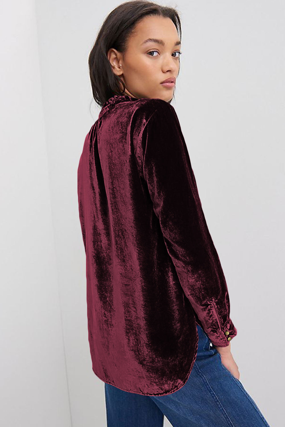 Frilled Neck Buttoned Front Velvet Top - ThingsWeUseAndLove 