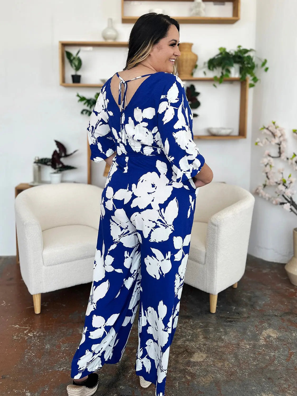 Size Inclusive Printed Tie Back Wide Leg Jumpsuit - ThingsWeUseAndLove 