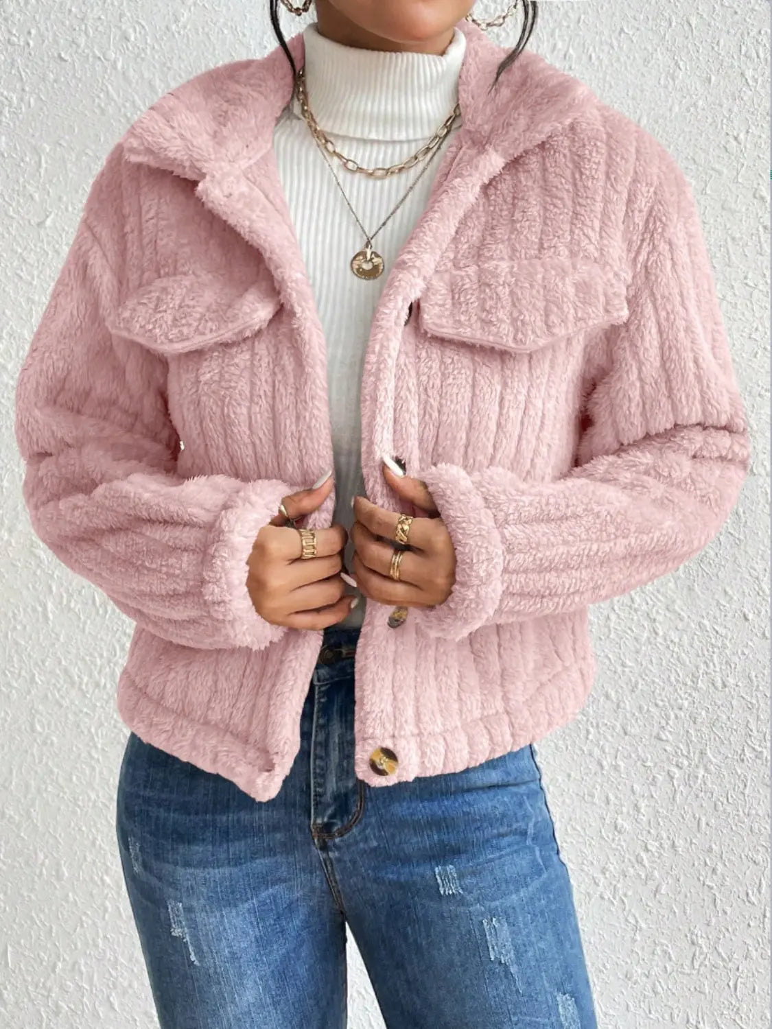 Lippy Fuzzy Button Up Collared Neck Jacket - ThingsWeUseAndLove Blush-Pink-2XL