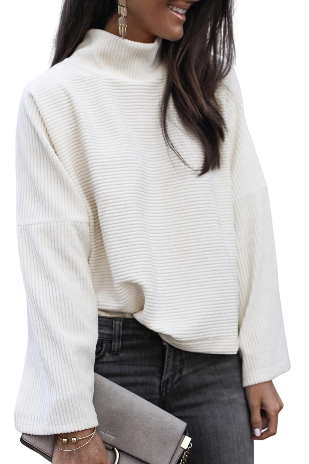 Mock Neck Drop Shoulder Ribbed Top - ThingsWeUseAndLove 