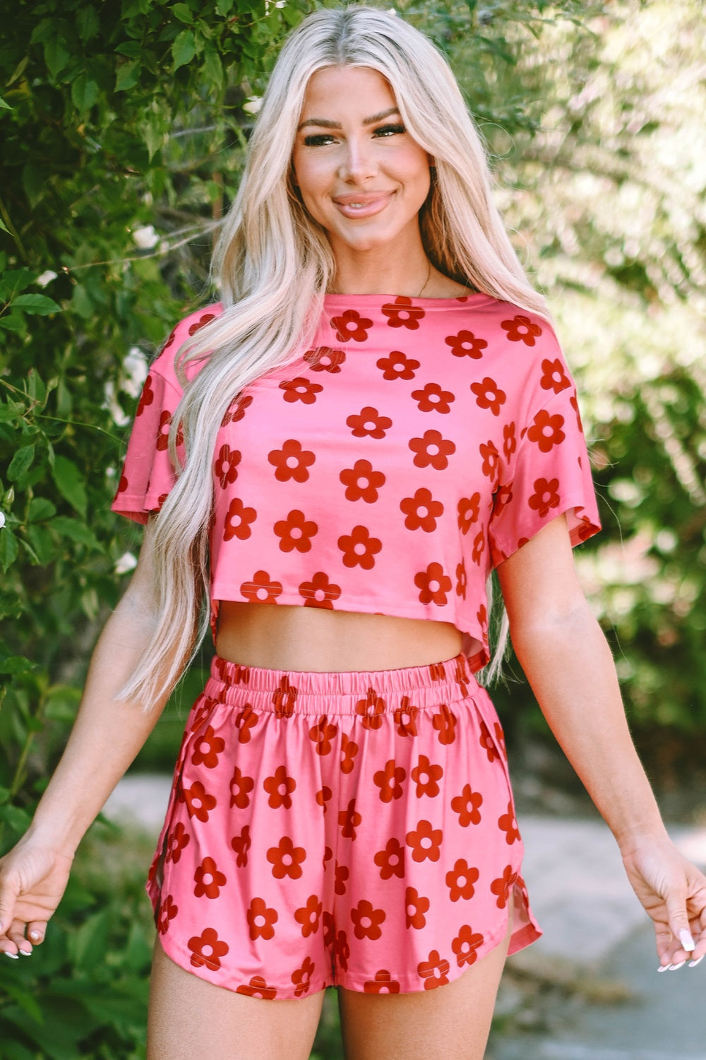 Flower Round Neck Top and Shorts Lounge Set - ThingsWeUseAndLove 