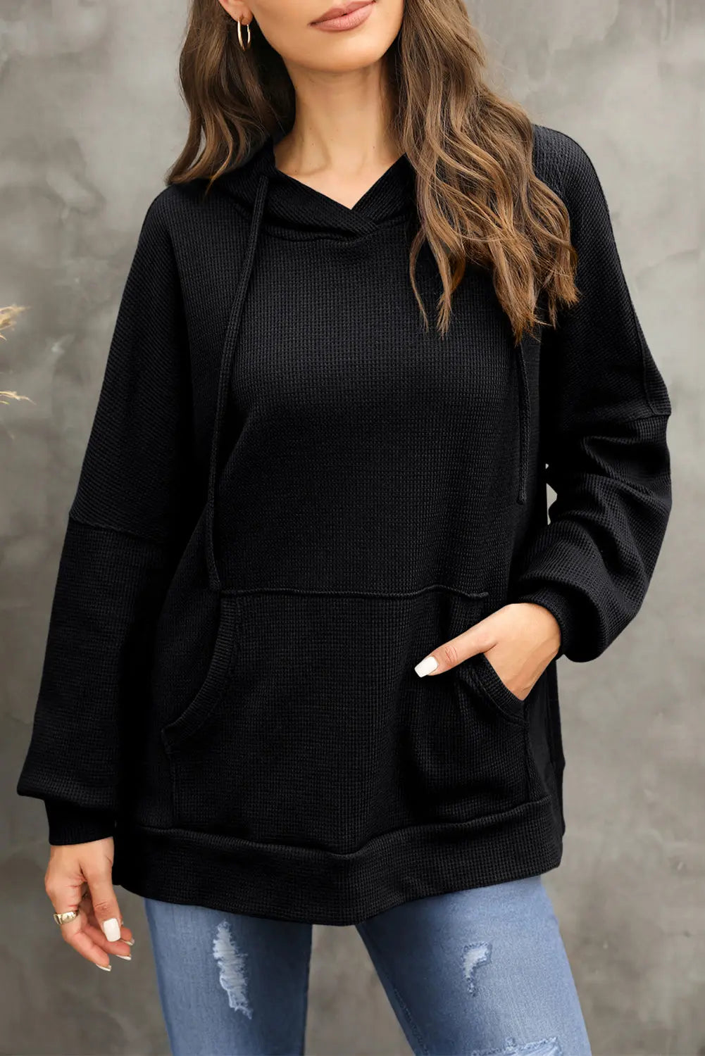 Isabella Waffle-Knit Long Sleeve Hoodie - ThingsWeUseAndLove Black-M