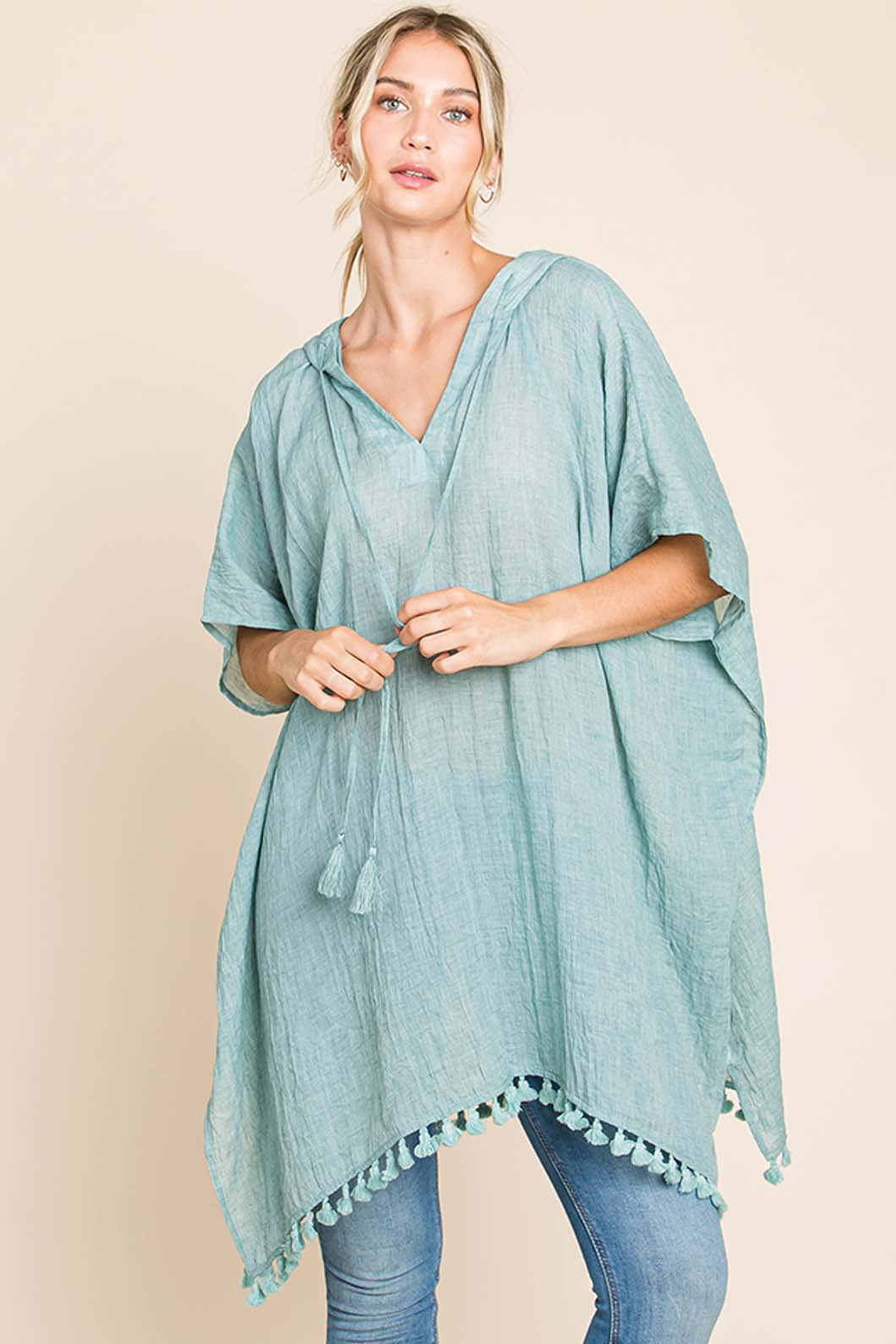 Cotton Bleu by Nu Label Tassel Hem Hooded Cover Up - ThingsWeUseAndLove Mint-XL