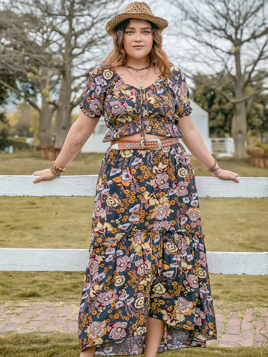 Tie Neck Short Sleeve Top and Skirt Set - ThingsWeUseAndLove Multicolor-4XL