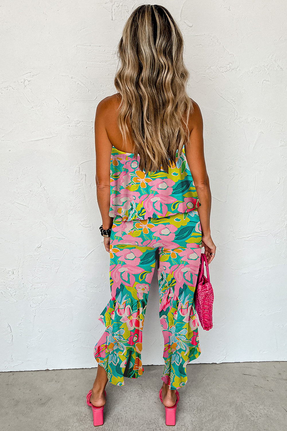 Tropical Print Strapless Ruffle Jumpsuit - ThingsWeUseAndLove 