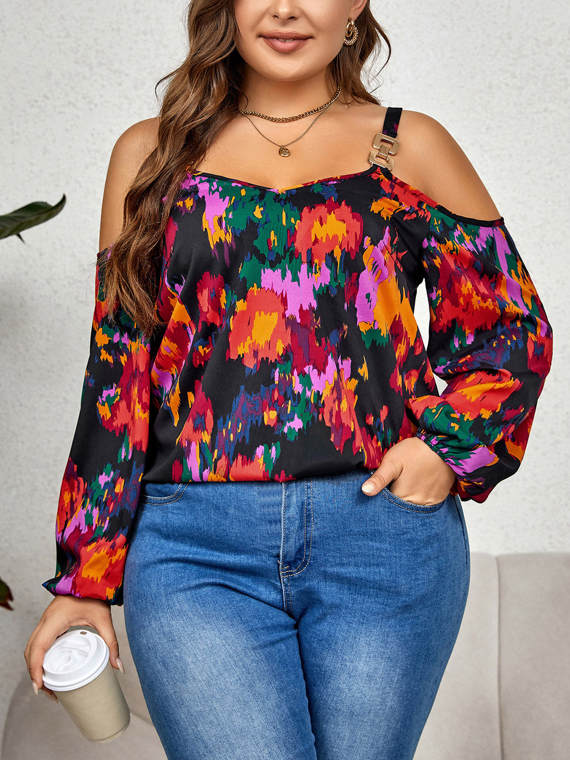 Luna Size Inclusive Printed Cold Shoulder Long Sleeve Blouse - ThingsWeUseAndLove 