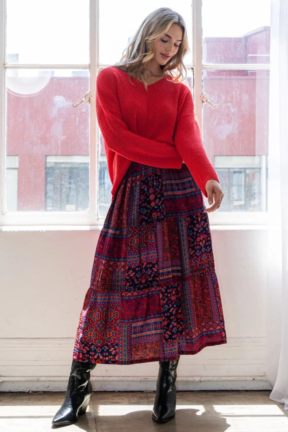 Printed Tiered Maxi Skirt - ThingsWeUseAndLove Red-3XL