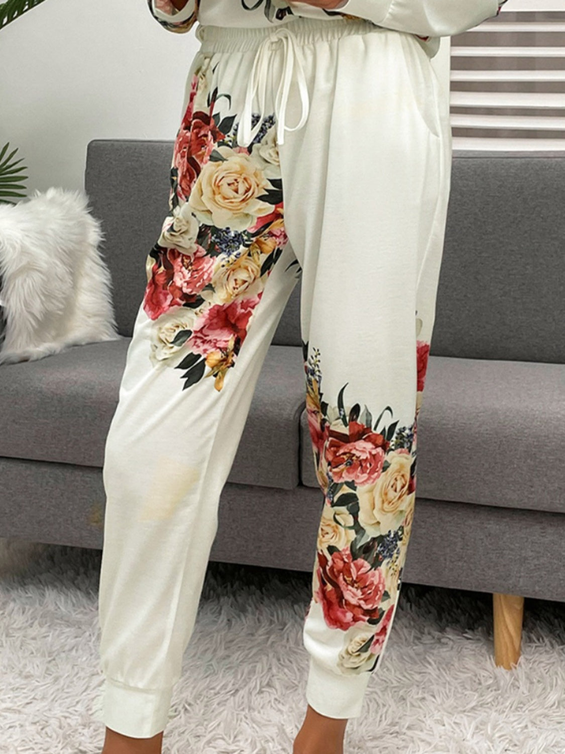 Rose Printed Round Neck Top and Pants Lounge Set - ThingsWeUseAndLove 