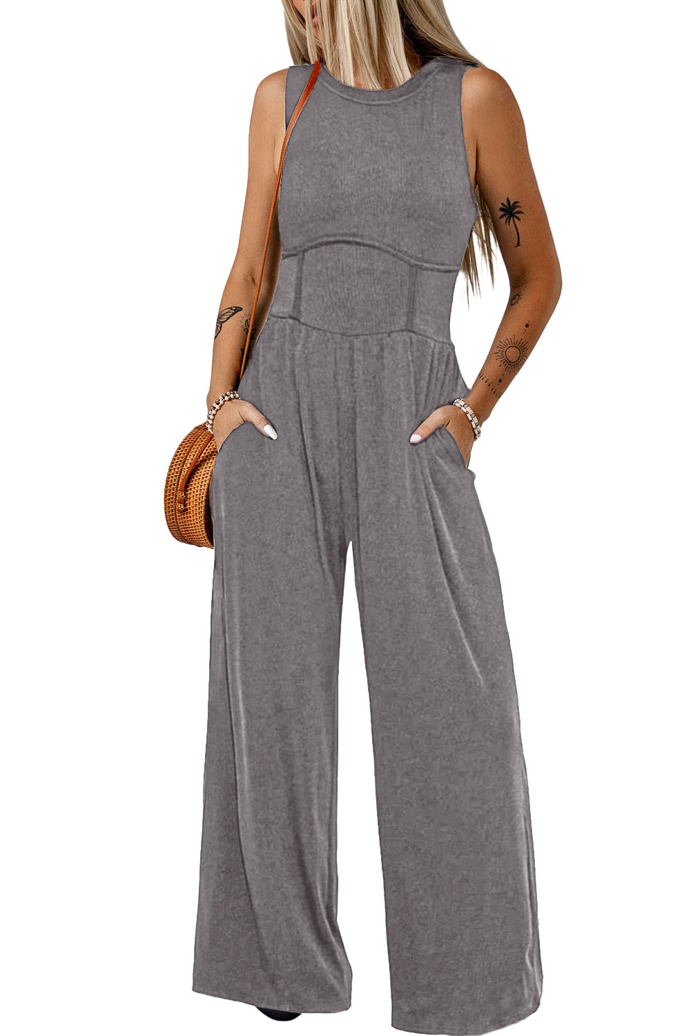 Blackish Green Sleeveless High Waist Wide Leg Jumpsuit - ThingsWeUseAndLove 