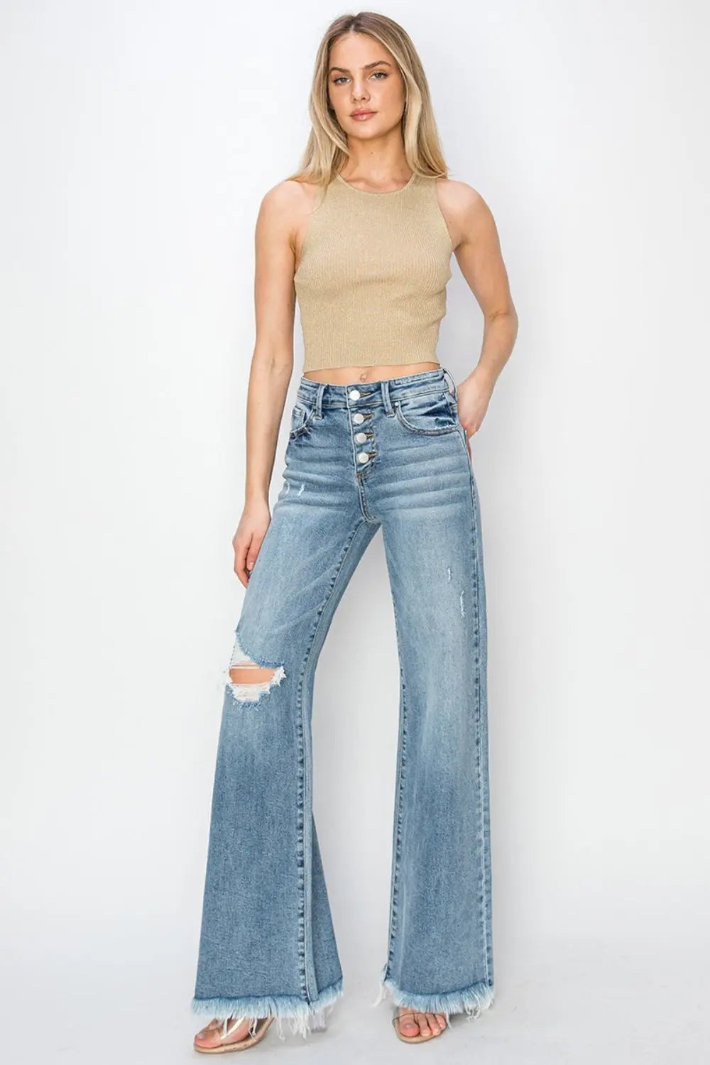 Odessa Mid Rise Button Fly Wide Leg Jeans - ThingsWeUseAndLove 