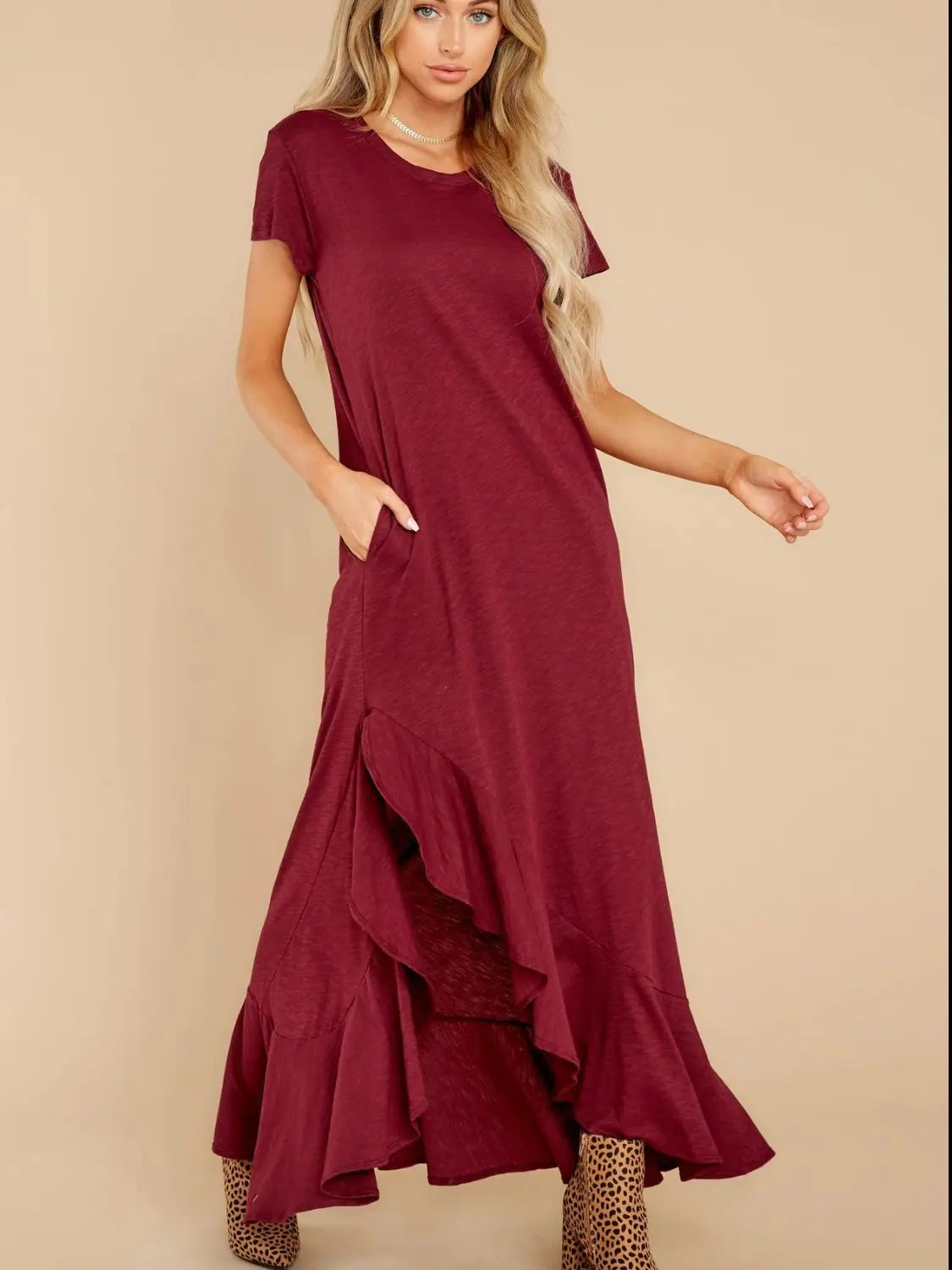 Short Sleeve Slit Round Neck Maxi Dress - ThingsWeUseAndLove 