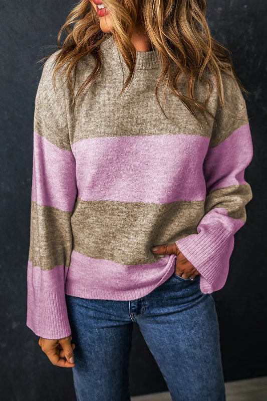 Dawn Color Block Round Neck Long Sleeve Sweater - ThingsWeUseAndLove Pink-XL