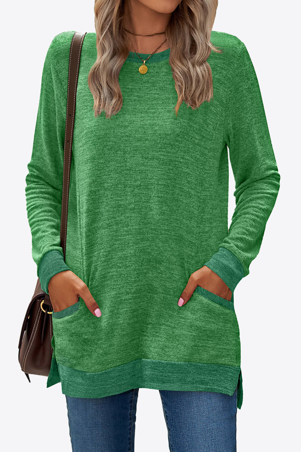 Heathered Slit Top with Pockets - ThingsWeUseAndLove Green-2XL