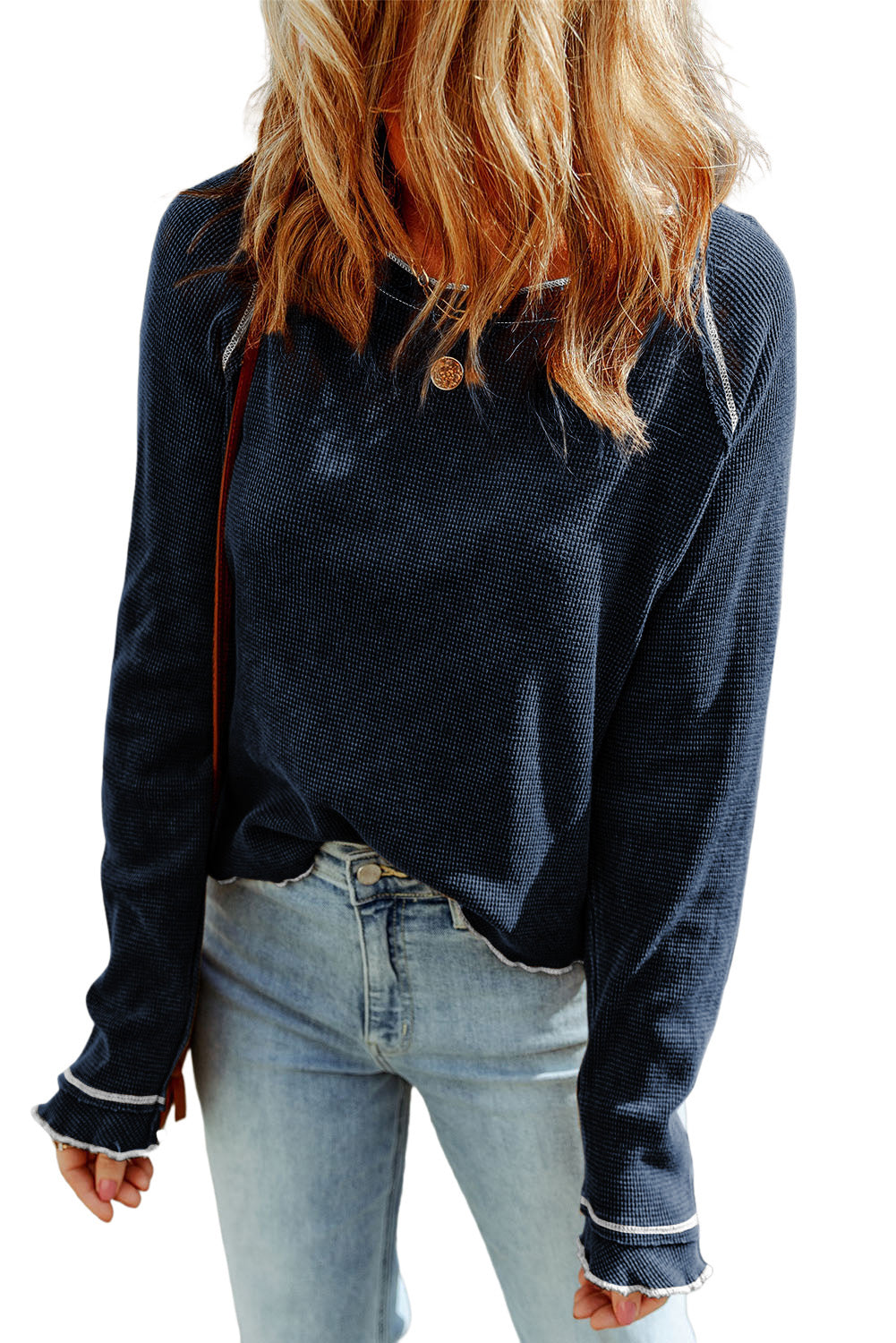 Exposed Seam Textured Pullover Long Sleeve Top - ThingsWeUseAndLove 