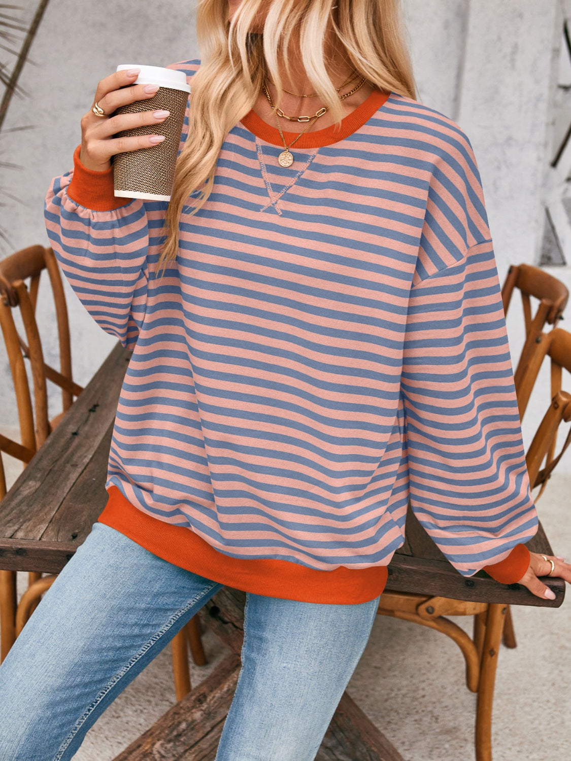 Aviana Contrast Striped Long Sleeve Sweatshirt - ThingsWeUseAndLove Terracotta-XL