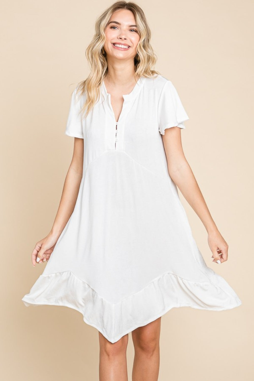 Simple Elegant White Short Sleeve Ruffled Asymmetric Hem Dress - ThingsWeUseAndLove 