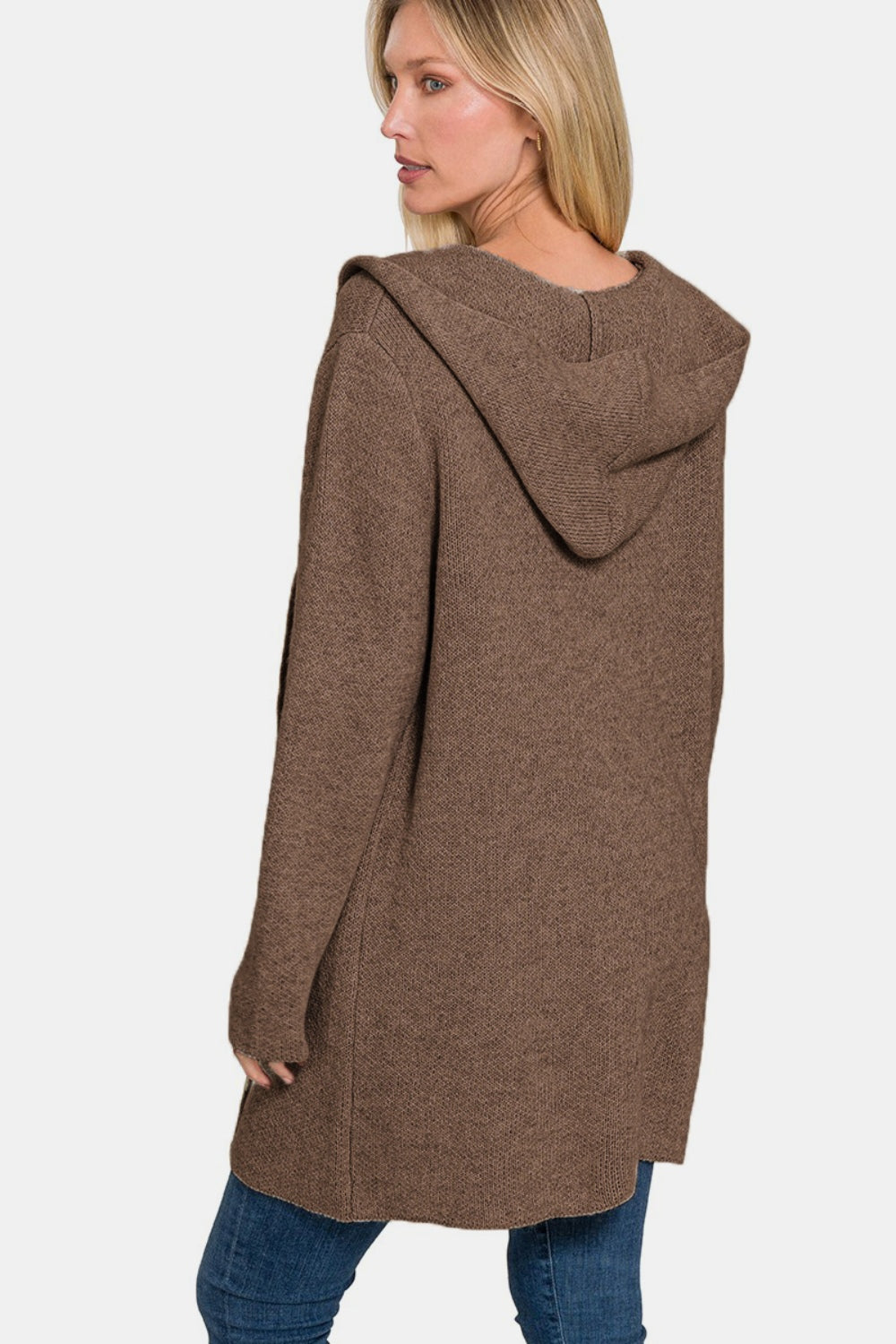 Hooded Open Front Brown Sweater Cardigan - ThingsWeUseAndLove 