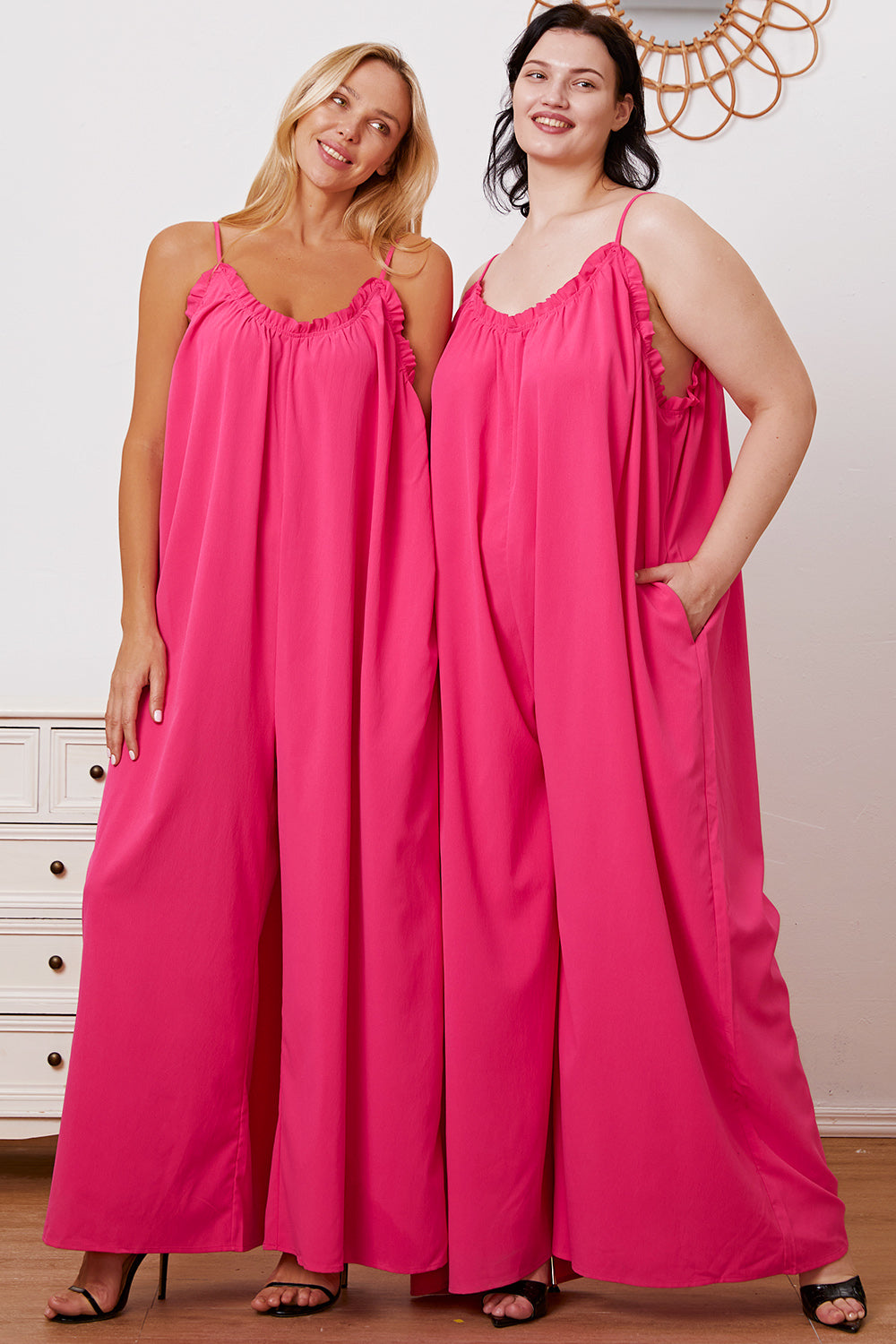 Double Take Full Size Ruffle Trim Tie Back Cami Jumpsuit with Pockets - ThingsWeUseAndLove 