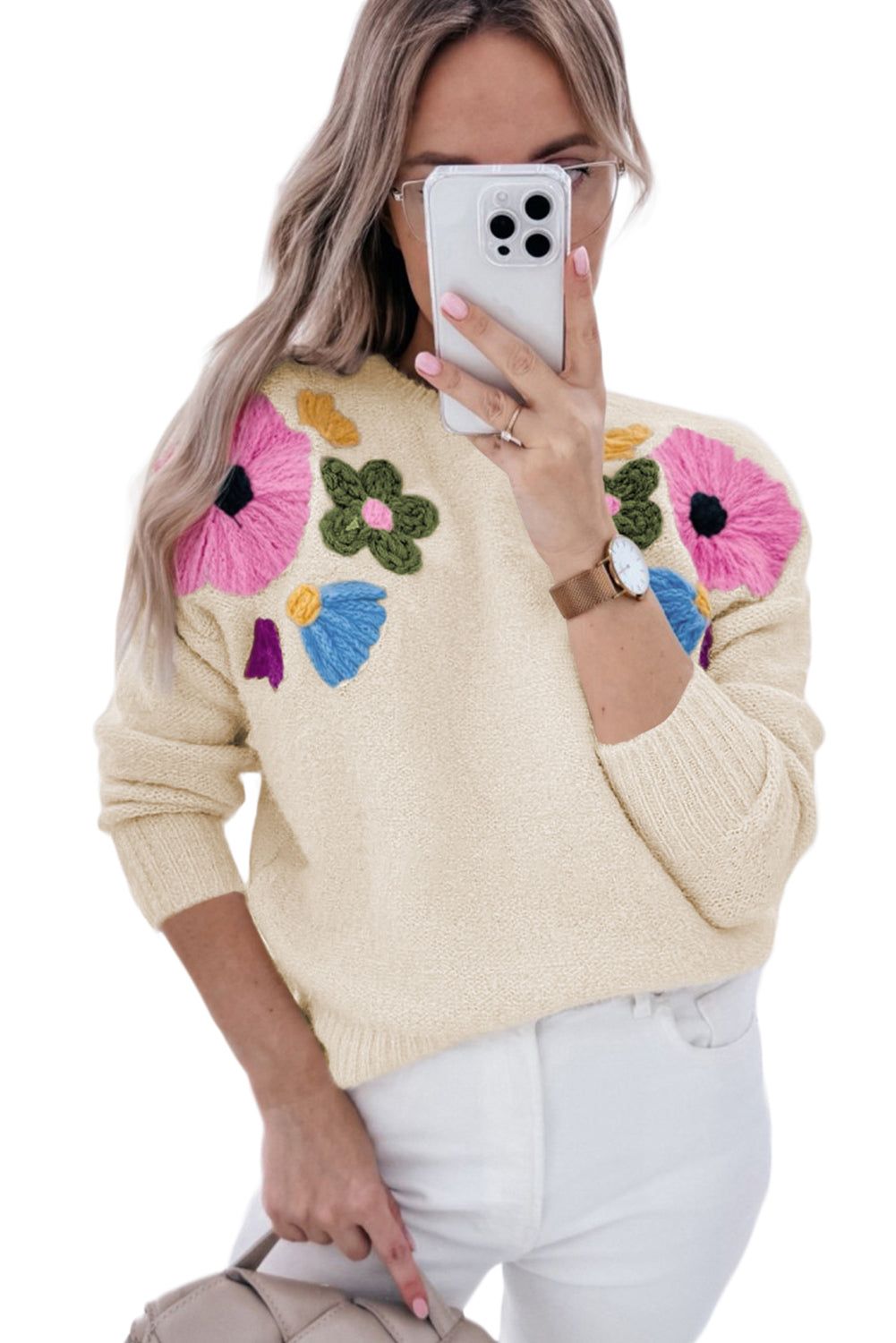 Light Blue Flower Pattern Ribbed Edge Sweater - ThingsWeUseAndLove 