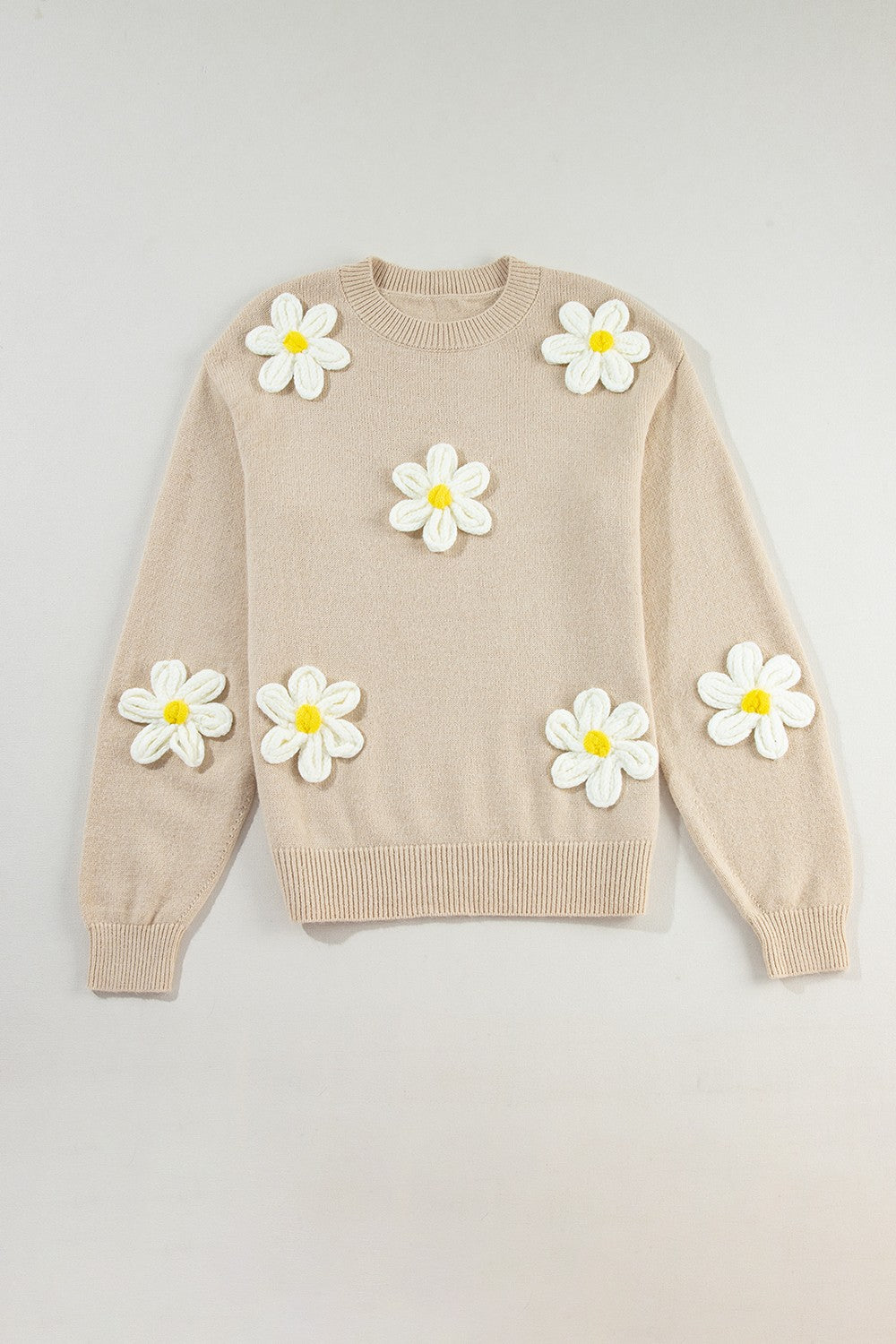 Calla Crochet Flower Round Neck Long Sleeve Sweater - ThingsWeUseAndLove Tan-XL