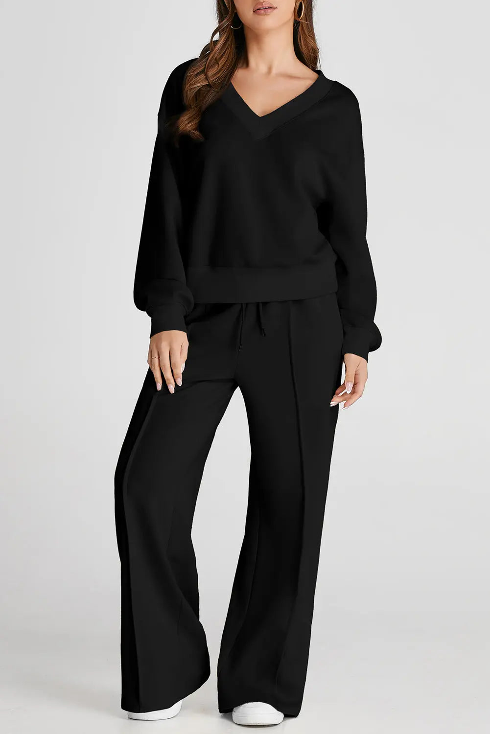 V-Neck Long Sleeve Top and Pants Active Set - ThingsWeUseAndLove Black-2XL