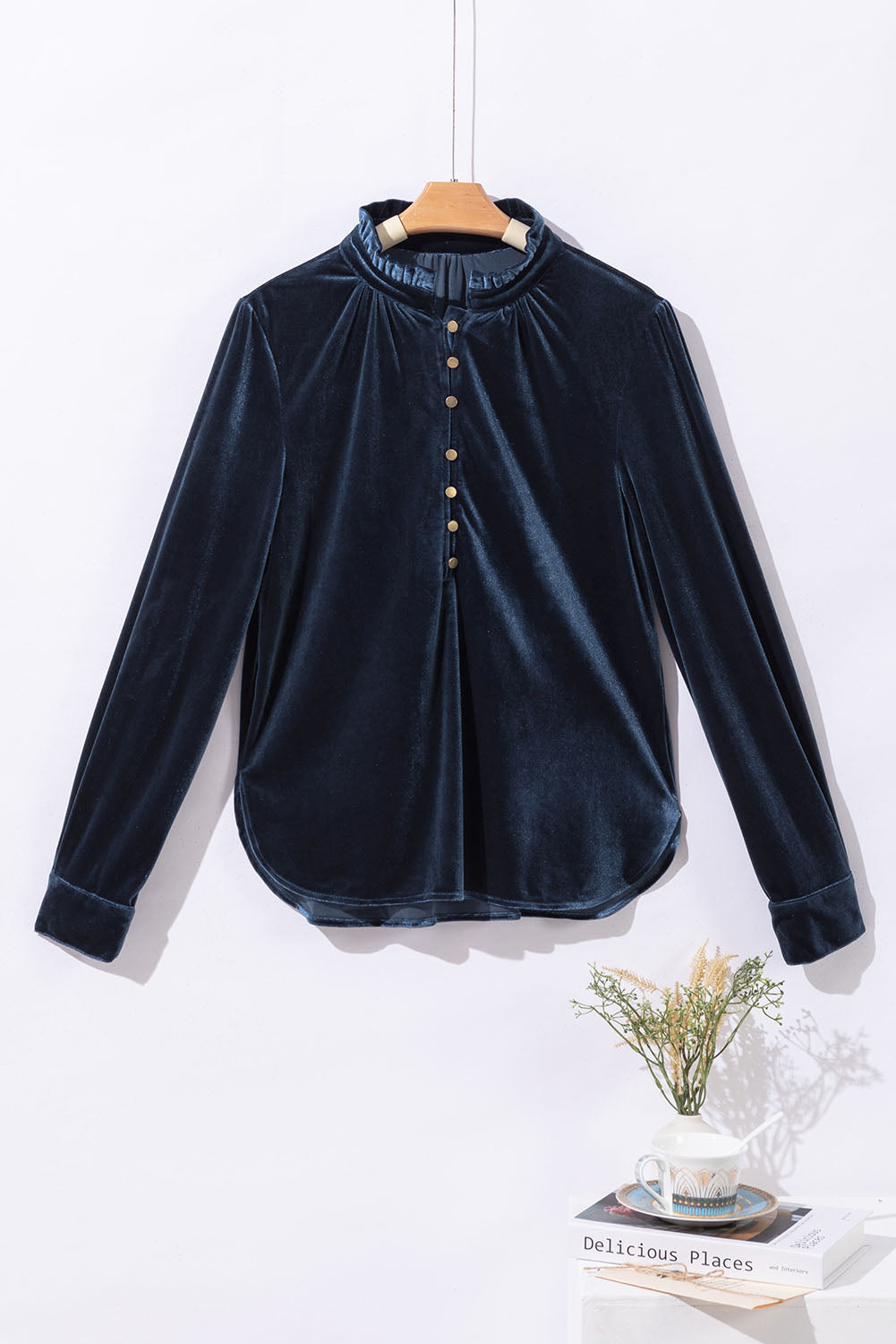 Frilled Neck Buttoned Front Velvet Top - ThingsWeUseAndLove 