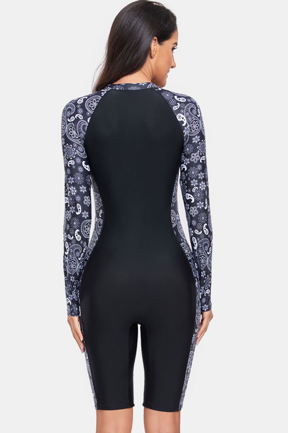 Printed Half Zip Long Sleeve One-Piece Swimwear - ThingsWeUseAndLove 