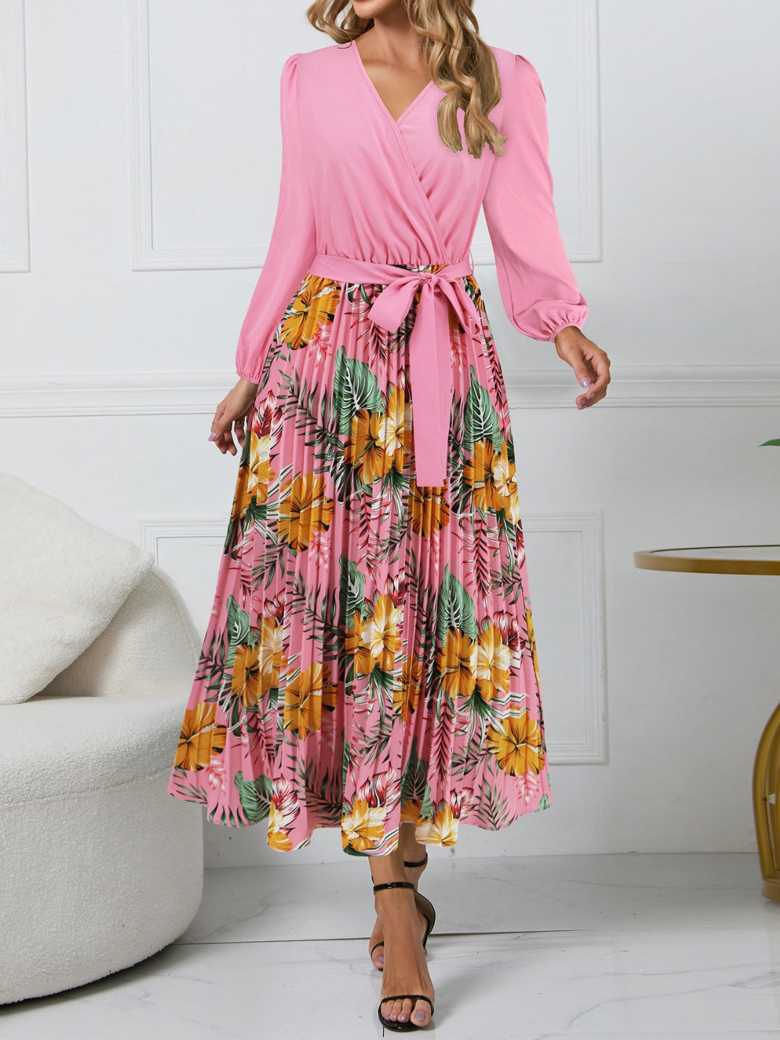 Rilla Pleated Printed Surplice Long Sleeve Dress - ThingsWeUseAndLove 