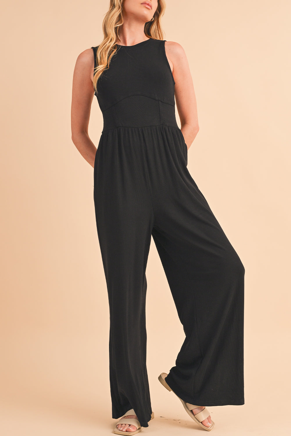 Blackish Green Sleeveless High Waist Wide Leg Jumpsuit - ThingsWeUseAndLove Black-3XL