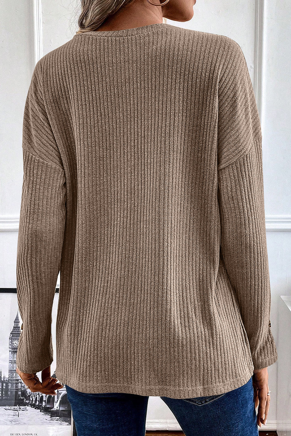 Drop Shoulder Ribbed Knit Long Sleeve Henley Top - ThingsWeUseAndLove 