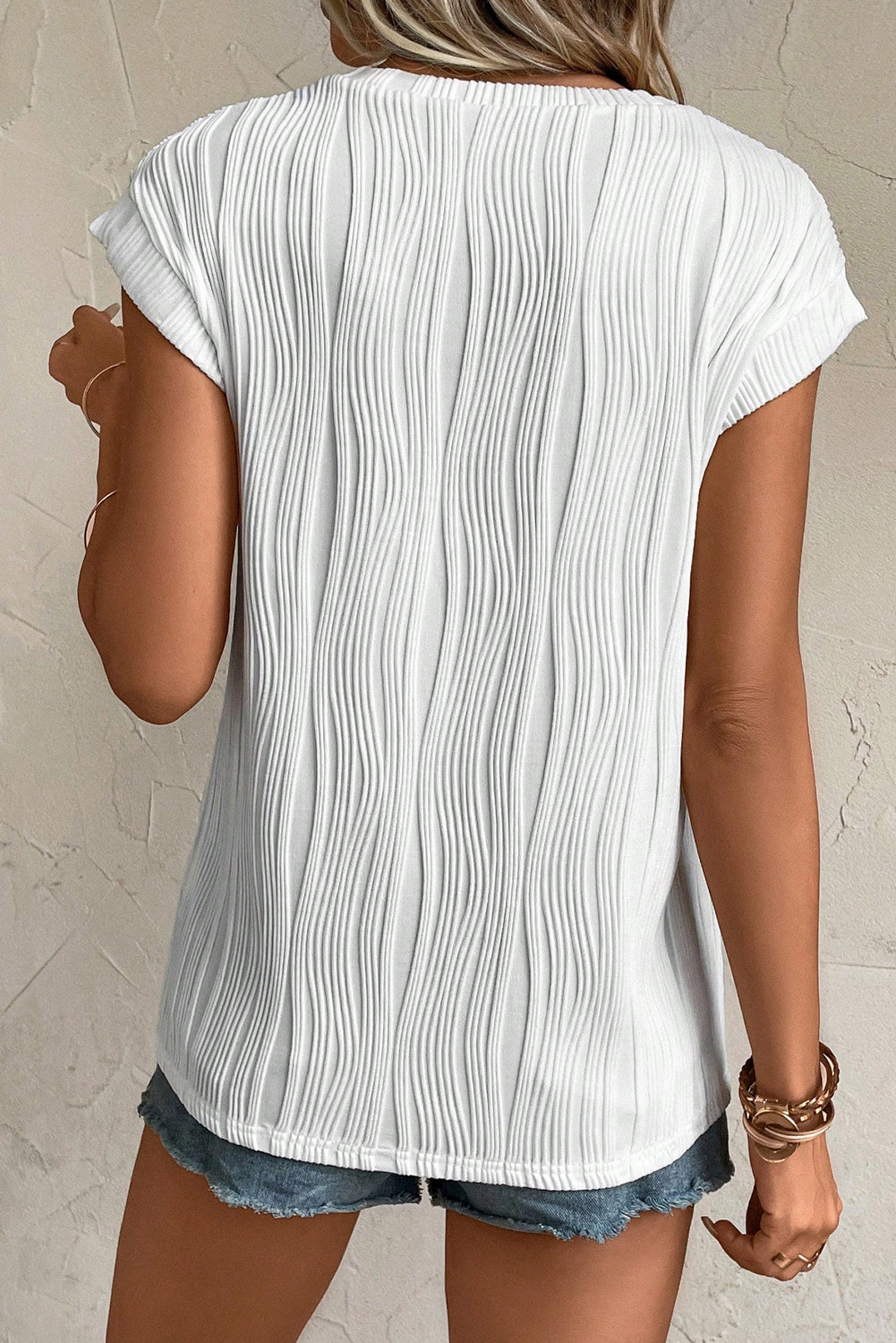 Wavy Textured Cap Sleeve Top - ThingsWeUseAndLove 