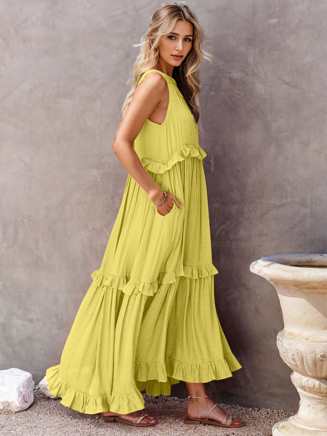 Ruffled Sleeveless Tiered Maxi Dress with Pockets - ThingsWeUseAndLove Chartreuse-2XL