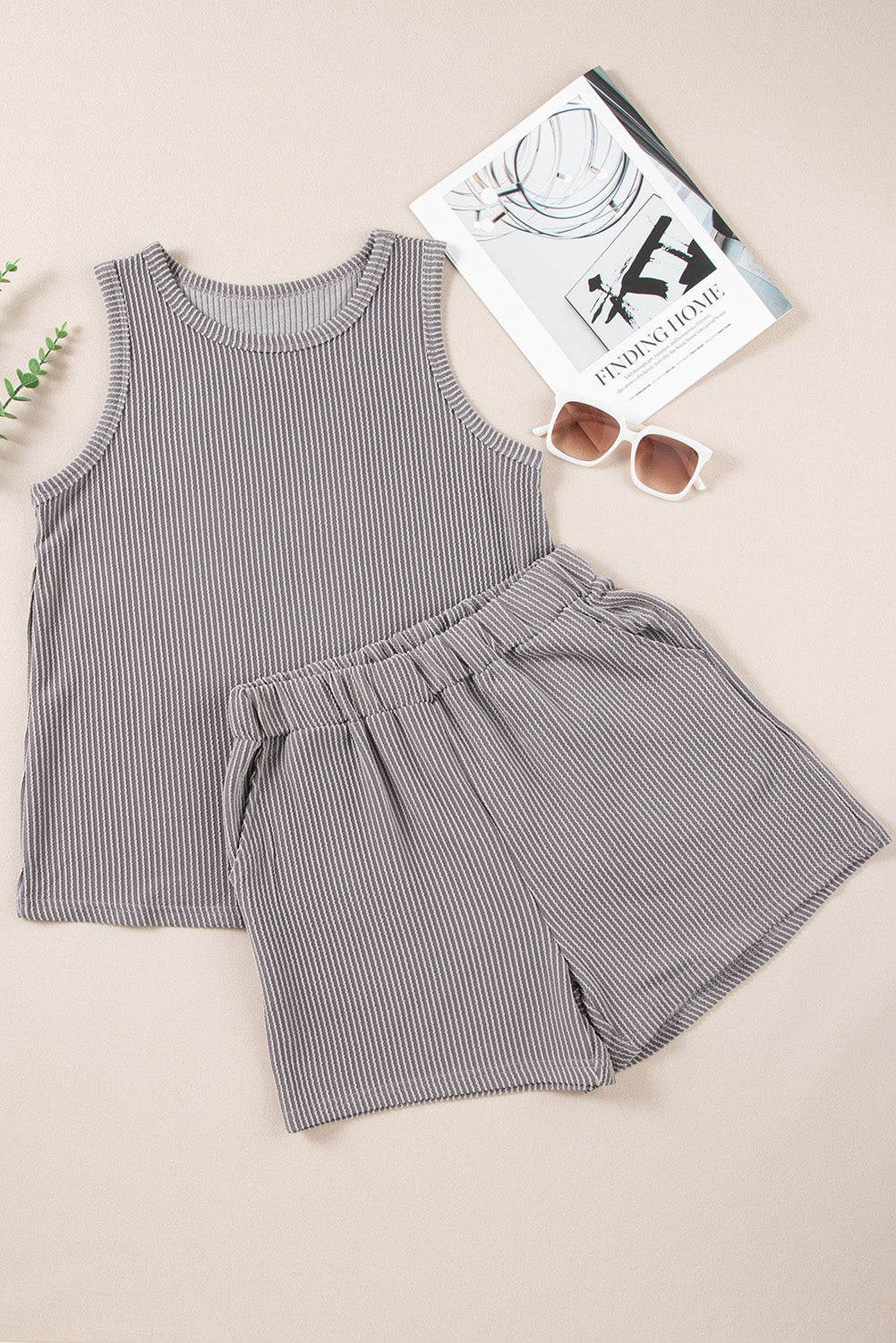 Smoke Gray Corded Sleeveless Top and Pocketed Shorts Set - ThingsWeUseAndLove 