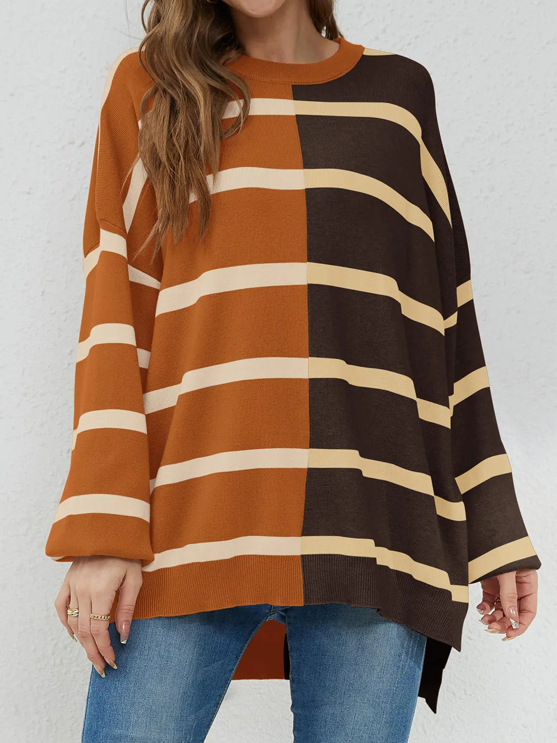 Long Sleeve Striped Round Neck Sweater - ThingsWeUseAndLove Camel-2XL