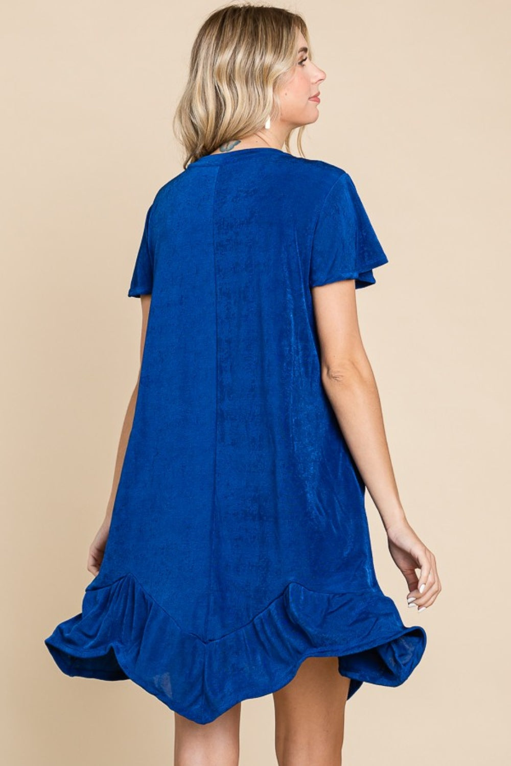 Simple Elegant Blue Short Sleeve Ruffled Asymmetric Hem Dress - ThingsWeUseAndLove 