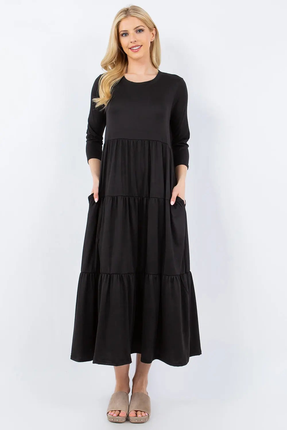 Size-Inclusive Tiered Midi Dress with Pockets - ThingsWeUseAndLove Black-3XL